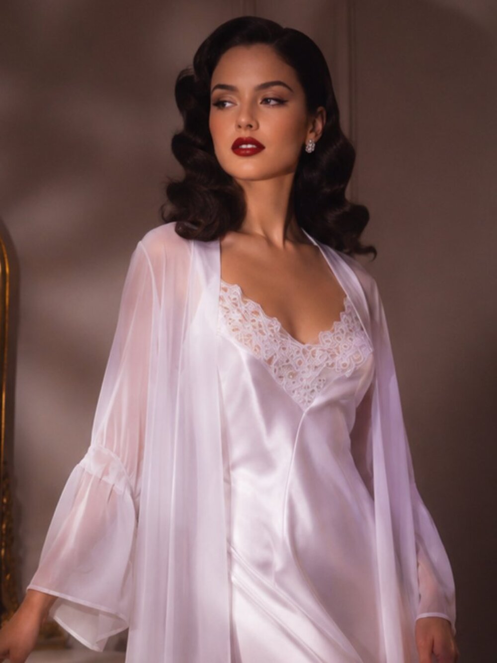 Oscar de la Renta 2-Piece Satin & Sheer Boudoir Nightgown Robe Set Vintage Glam
